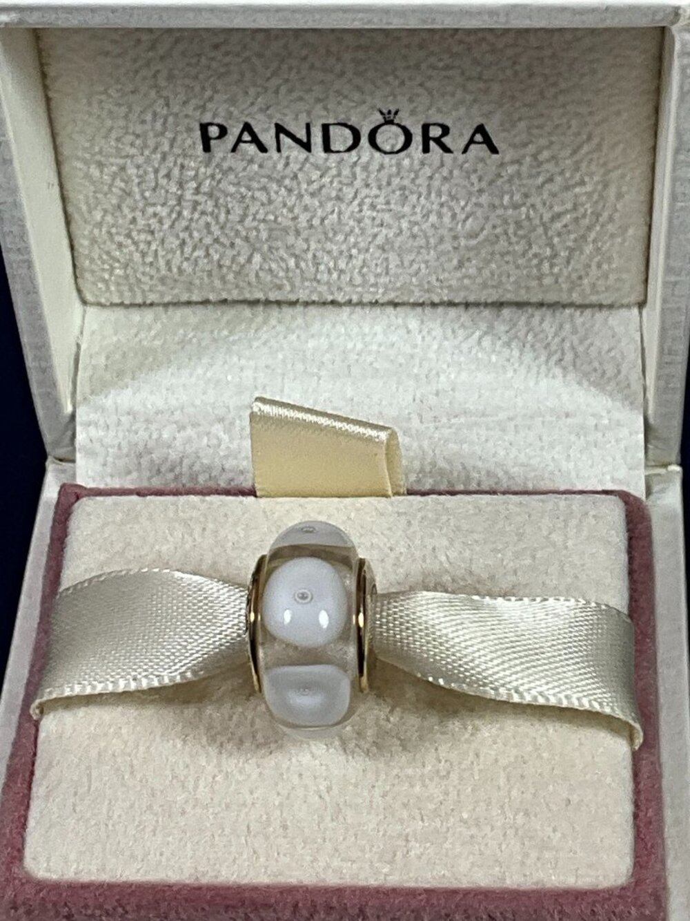 Pandora Authentic 14K Gold White Mystic Glass Murano Charm 750406
